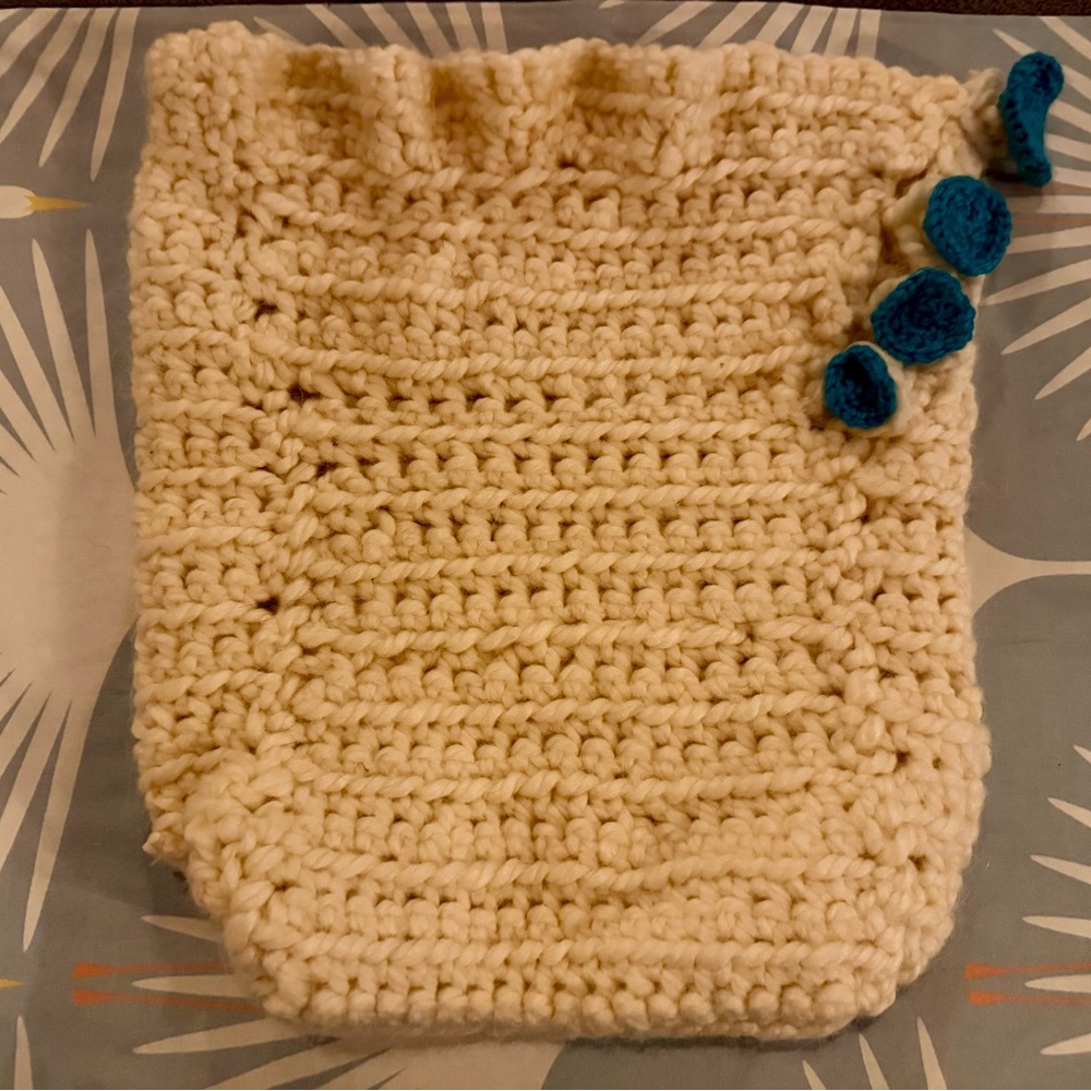 Handmade Cream Crochet Bag with Teal Pom Accents